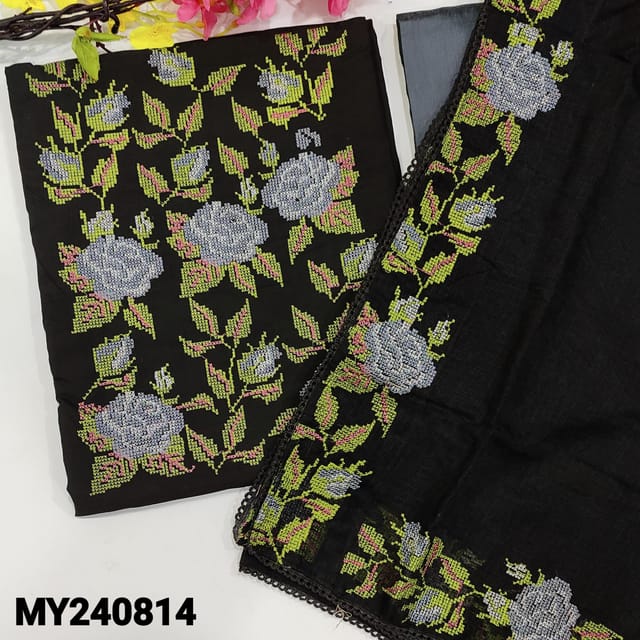 CODE MY240814 : Black fancy silk cotton unstitched salwar material, cross stitch embroidered on yoke(lining needed)grey silk cotton bottom, embroidered kota silk cotton dupatta with lace tapings.