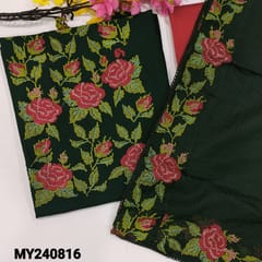 CODE MY240816 : Bottle green fancy silk cotton unstitched salwar material, cross stitch embroidered on yoke(lining needed)reddish maroon silk cotton bottom, embroidered kota silk cotton dupatta with lace tapings.