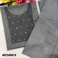 CODE MY240819 : Grey jakard silk cotton unstitched salwar material, rich bead work on yoke(lining needed)matching silky bottom, soft silk cotton dupatta with cut work, thread embroidery& lace tapings.