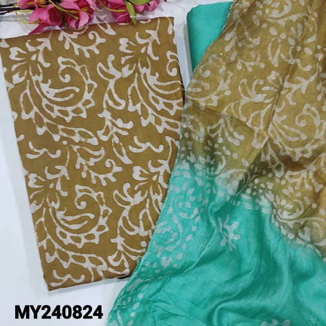 CODE MY240824 : Sand brown soft silk cotton unstitched salwar material, original wax batik all over(thin, lining needed)turquoise green original wax batik soft silk cotton bottom, dual shaded soft silk cotton dupatta with sequins work