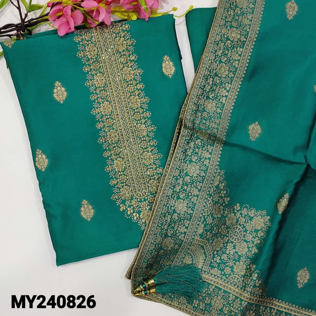 CODE MY240826 : Designer Turquoise blue Pure Uppada Silk unstitched Salwar material(thin, lining needed)zari woven buttas on front, Matching Bottom, Pure Uppada silk dupatta with rich benarasi woven design.