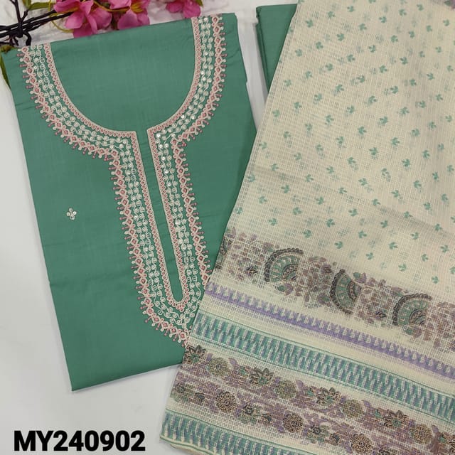 CODE MY240902 : Green blue slub cotton unstitched salwar material embroidery &sequins work on yoke(thin, lining needed)lining provided, NO BOTTOM, printed kota silk cotton dupatta with tapings.