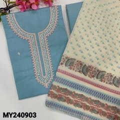 CODE MY240903 : Powder blue slub cotton unstitched salwar material embroidery &sequins work on yoke(thin, lining needed)lining provided, NO BOTTOM, printed kota silk cotton dupatta with tapings.