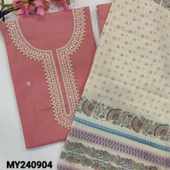CODE MY240904 : Pink slub cotton unstitched salwar material embroidery &sequins work on yoke(thin, lining needed)lining provided, NO BOTTOM, printed kota silk cotton dupatta with tapings.