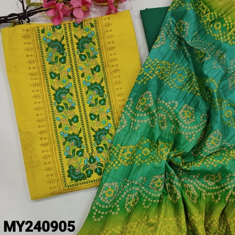 CODE MY240905 : Sunshine yellow textured cotton unstitched salwar material, embroidered yoke, block printed all over(lining needed)dark turquoise green cotton bottom, bandhini printed fancy crinkled dupatta with lace tapings.