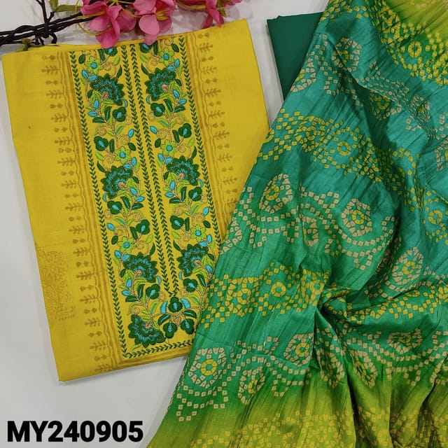 CODE MY240905 : Sunshine yellow textured cotton unstitched salwar material, embroidered yoke, block printed all over(lining needed)dark turquoise green cotton bottom, bandhini printed fancy crinkled dupatta with lace tapings.