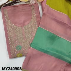 CODE MY240908 : Designer pastel pink tissue organza silk unstitched salwar material, heavy embroidery on yoke(lining needed)rich daman, matching santoon bottom, tissue organza silk dupatta with rich tasseled tapings.