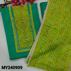 CODE MY240909 : Turquoise green premium cotton unstitched salwar material, yoke patch with thread &sequins work(lining optional)matching slub cotton bottom, pure mul cotton dupatta with lace tapings