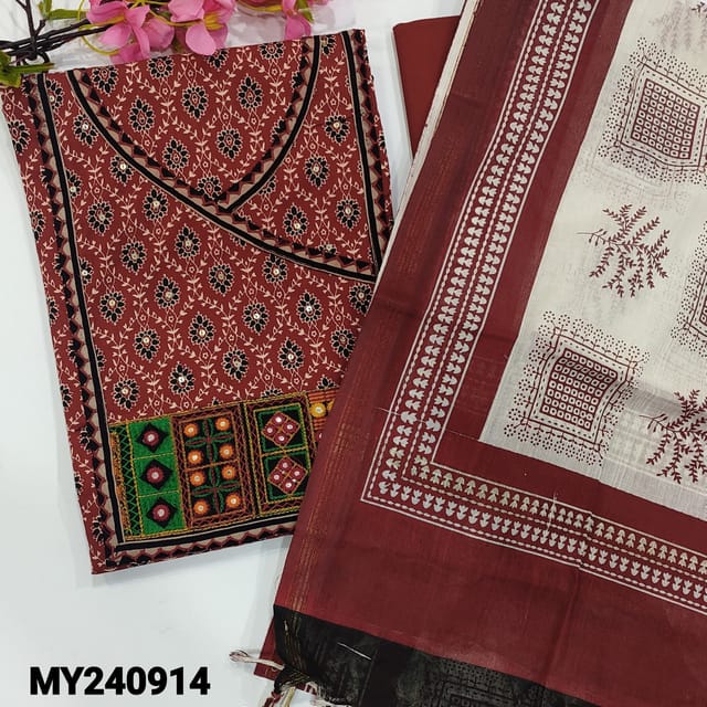 CODE MY240914 : Maroon pure cotton unstitched salwar material, angraha neckline with cutch work(lining optional)printed all over, matching cotton bottom, block printed pure cotton dupatta (REQUIRES TAPINGS).