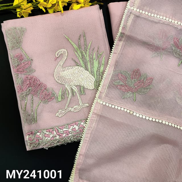 CODE MY241001 : Pastel pink kota silk cotton unstitched salwar material, embroidered on yoke(thin, lining needed)rich work on daman, matching spun cotton bottom, kota dupatta with embroidered& lace tapings.
