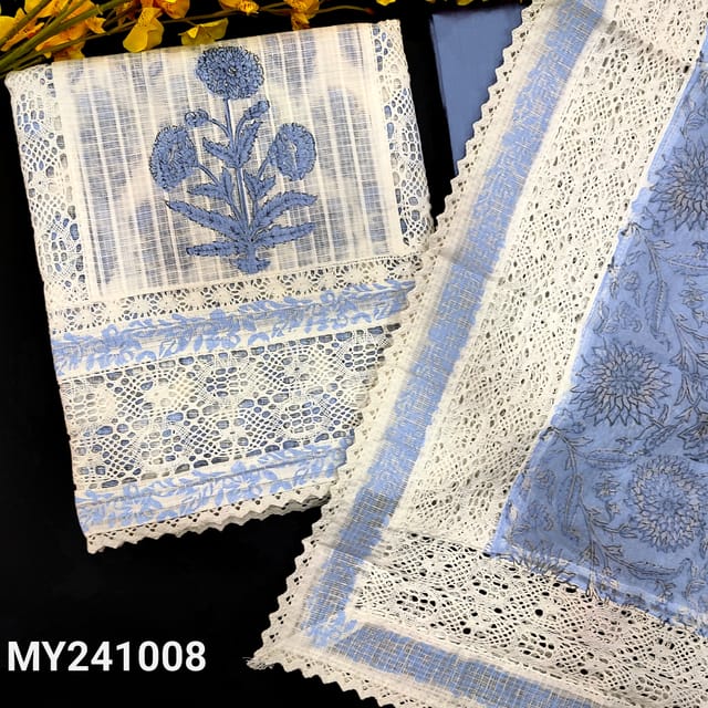 CODE MY241008 : White premium kota cotton unstitched salwar material, panel with lace work on front,block printed all over(thin,lining needed)blue silk cotton bottom,block printed chiffon dupatta with rich lace borders.