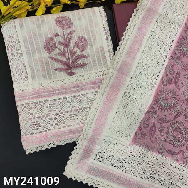 CODE MY241009 : White premium kota cotton unstitched salwar material, panel with lace work on front,block printed all over(thin,lining needed)dark mauve slub cotton bottom,block printed chiffon dupatta with rich lace borders.