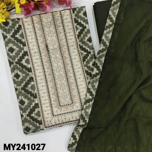CODE MY241027 : Green fancy slub cotton unstitched salwar material, embroidery &sequins work on yoke, ikat printed all over(lining optional)matching cotton bottom, self embroidered chiffon dupatta with tapings.
