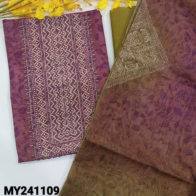 CODE MY241109 : Purple & green digital printed fancy silk cotton unstitched salwar material, bead& thread work on yoke(lining needed)matching santoon bottom, digital printed silk cotton dupatta with tapings.