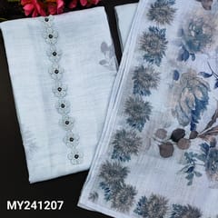 CODE MY241207 : Powder blue semi linen unstitched salwar material, floral &real mirror work on yoke(thin fabric, lining  needed)printed & fancy lace work on daman, matching spun cotton bottom, printed semi linen dupatta with tapings.