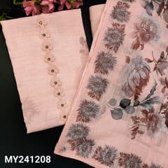 CODE MY241208 : Pastel pink semi linen unstitched salwar material, floral &real mirror work on yoke(thin fabric, lining  needed)printed & fancy lace work on daman, matching spun cotton bottom, printed semi linen dupatta with tapings.