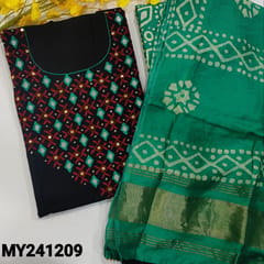 CODE MY241209 : Black pure cotton unstitched salwar material, real mirror &embroidered work on yoke(lining optional)kota lace work on daman, turquoise green batik dyed pure soft cotton bottom, fancy silk cotton dupatta with kota lace tapings.