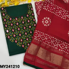 CODE MY241210 : Dark green pure cotton unstitched salwar material, real mirror &embroidered work on yoke(lining optional)kota lace work on daman, dark pink batik dyed pure soft cotton bottom, fancy silk cotton dupatta with kota lace tapings.