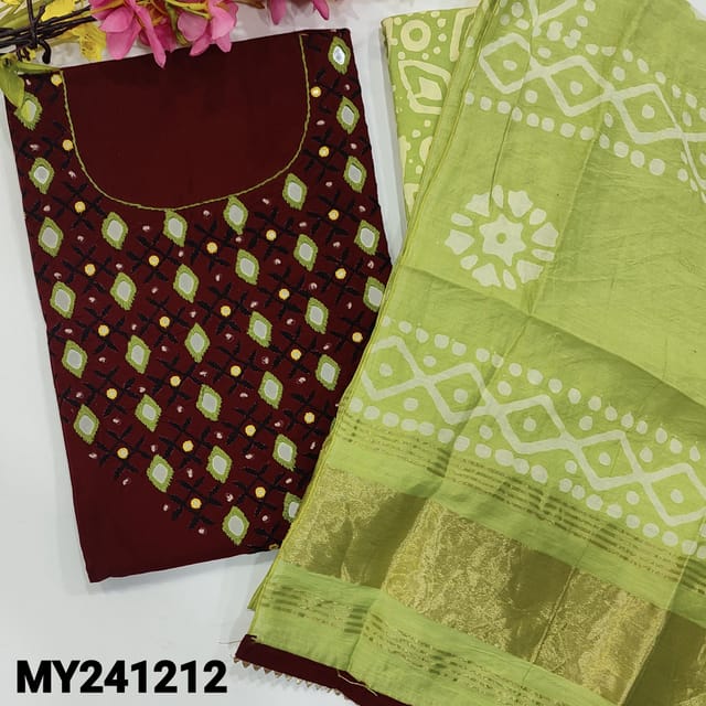 CODE MY241212 : Maroon pure cotton unstitched salwar material, real mirror & embroidered work on yoke(lining optional)kota lace work on daman, light green batik dyed pure soft cotton bottom, batik design fancy silk cotton dupatta with kota lace tapings.