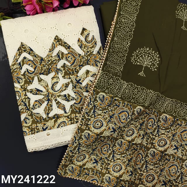 CODE MY241222  : Half white shiffli cotton unstitched salwar material, shiffli & rich embroidered on front(lining needed)kalamkari applique work on daman, olive green cotton bottom, kalamkari block printed pure cotton dupatta with lace tapings.