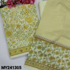 CODE MY241305 : Pastel yellow textured slub cotton unstitched salwar material, floral printed all over(thin fabric, lining needed)matching pure soft cotton lining provided, NO BOTTOM, printed pure cotton dupatta (REQUIRES TAPIGNS).