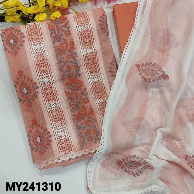 CODE MY241310 : Peachish pink fancy supernet unstitched salwar material, fancy lace work & block printed on front(netted fabric, lining needed)matching cotton bottom, block printed chiffon dupatta with lace tapings.