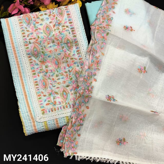 CODE MY241406 : Multi color crushed cotton unstitched salwar material, thread embroidery& lace work on yoke(lining optional)tasseled tapings on daman, pastel blue cotton bottom, fancy silk cotton dupatta with embroidered &cut work edges.