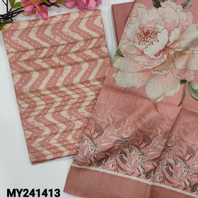 CODE MY241413 : Pastel pink semi gicha silk cotton unstitched salwar material, self weaving design with zigzag &kantha printed all over(lining needed)matching silky bottom, floral printed silk cotton dupatta with zari woven borders.