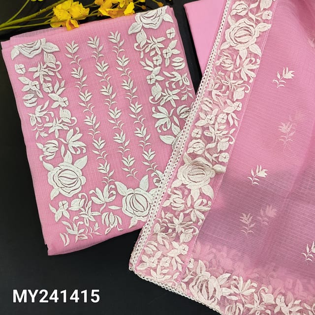 CODE MY241415 : Pink kota silk cotton unstitched salwar material, thread embroidery on yoke(thin fabric, lining needed)matching cotton bottom, embroidered kota silk cotton dupatta with lace tapings.