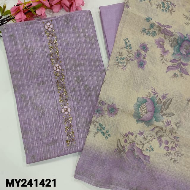 CODE MY241421 : Lavender with silver tint tissue silk cotton unstitched salwar material,cut bead& zardozi work on yoke,silver zari line all over(thin,lining needed)matching santoon bottom, floral printed tissue silk cotton dupatta with tapings.