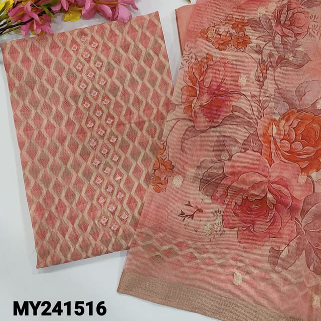 CODE MY241516 : Pink premium super net unstitched salwar material, real mirror work on yoke(thin, lining needed)matching drum dyed cotton provided for lining, NO BOTTOM, floral printed super net dupatta with zari woven borders.