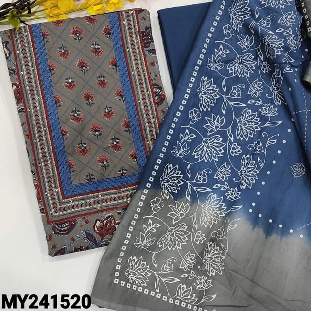 CODE MY241520 : Grey base premium cotton unstitched salwar material, sequins& lace work on yoke, hand block printed all over(lining optional)blue cotton bottom, dual shaded block printed premium mul cotton dupatta with tapigns.