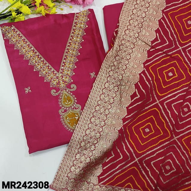 CODE MR242308 : Bright pink designer pure uppada silk unstitched salwar material,v neck line with heavy work on yoke,zari&sequins on front(lining needed)matching santoon bottom,pure organza dupatta with rich border&pallu.
