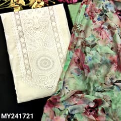 CODE MY241721 : Ivory pure slub cotton unstitched salwar material, zari woven design on yoke(thin fabric, lining needed)weaving design on front, pastel green cotton bottom, floral printed chiffon dupatta with tapings.