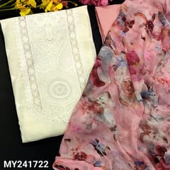 CODE MY241722 : Ivory pure slub cotton unstitched salwar material, zari woven design on yoke(thin fabric, lining needed)weaving design on front, pastel pink cotton bottom, floral printed chiffon dupatta with tapings.