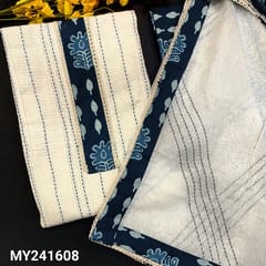 CODE MY241608 : Half white jakard spun cotton unstitched salwar material, yoke patch with lace work, kantha stitch on front(thin fabric, lining needed)indigo blue block printed pure cotton bottom, fancy silk cotton dupatta with tapings.