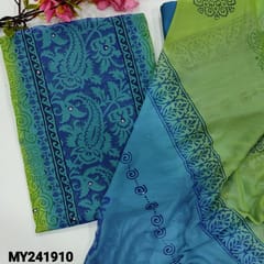 CODE MY241910 : Blue& green fancy georgette unstitched salwar material, block printed all over, faux mirror work on front(thin fabric, lining needed)blue silk cotton bottom, block printed dual shaded chiffon dupatta.
