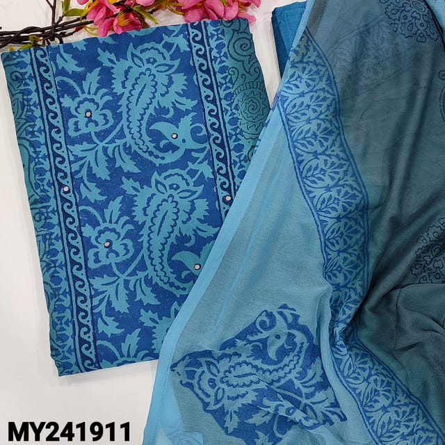 CODE MY241911 : Blue& grey fancy georgette unstitched salwar material, block printed all over, faux mirror work on front(thin fabric, lining needed)blue silk cotton bottom, block printed dual shaded chiffon dupatta.
