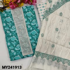 CODE MY241913 : Turquoise green base pure kantha cotton unstitched salwar material,thread&sequins work on yoke,floral printed all over(lining optional)lace work on daman,printed cotton bottom,fancy soft silk cotton block printed dupatta(TAPINGS REQUIRED).