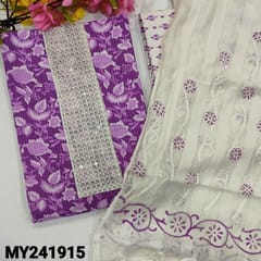 CODE MY241915 : Dark purple pure kantha cotton unstitched salwar material,thread&sequins work on yoke,floral printed all over(lining optional)lace work on daman,printed cotton bottom,fancy soft silk cotton block printed dupatta(TAPINGS REQUIREs).