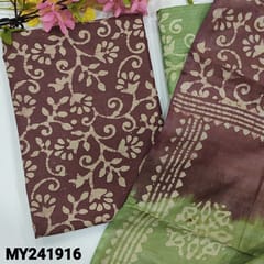 CODE MY241916 : Dark maroon puri jute silk cotton unstitched salwar material, original wax batik all over(lining optional)green batik design cotton bottom, batik dyed dual shaded dupatta with simple tassels.
