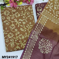 CODE MY241917 : Honey brown puri jute silk cotton unstitched salwar material, original wax batik all over(lining optional)beetroot purple batik design cotton bottom, batik dyed dual shaded dupatta with simple tassels.