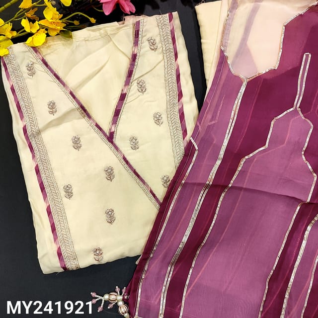CODE MY241921 : Light beige designer pure dola unstitched salwar material, (shiny fabric, lining needed)matching santoon bottom, pure organza dupatta with light& dark purple pallu with thin kota lace work.