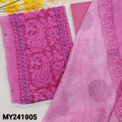 CODE MY241905 : Dark pink& light pink fancy georgette unstitched salwar material, block printed all over, faux mirror work on front(thin fabric, lining needed)dark pink silk cotton bottom, block printed dual shaded chiffon dupatta.