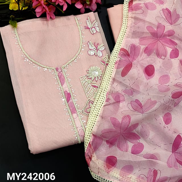 CODE MY242006 : Pastel pink kota silk cotton unstitched salwar material, bead work on yoke(thin fabric, lining needed)floral printed daman border, matching soft spun cotton bottom, floral printed fancy organza dupatta with lace tapings.