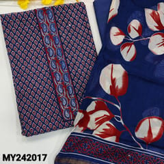 CODE MY242017 : Bright ink blue chanderi silk unstitched salwar material, contrast yoke patch, printed all over(thin fabric, lining needed)matching cotton provided for lining, NO BOTTOM, pure chanderi silk cotton dupatta (REQUIRES TAPINGS).