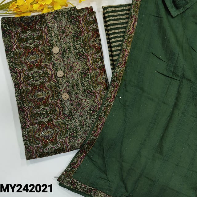 CODE MY242021 : Green liquid fabric unstitched salwar material, simple buttons on yoke, printed all over(lining optional)striped liquid fabric bottom, soft jakard silk cotton dupatta with sequins work & tapings.