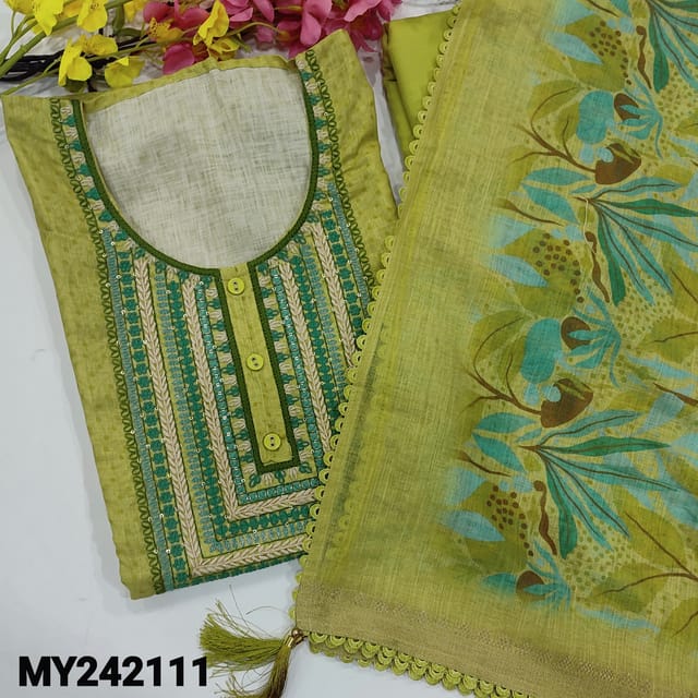 CODE MY242111 : Bright green premium linen unstitched salwar material, rich thread work on yoke, polka dots all over(lining optional)fancy lace work on daman, matching spun cotton bottom, digital printed premium linen dupatta with lace tapings.