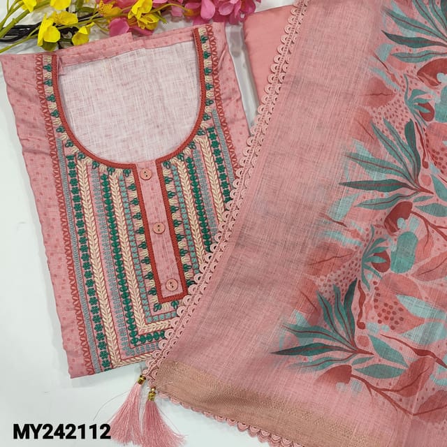 CODE MY242112 : Pink premium linen unstitched salwar material, rich thread work on yoke, polka dots all over(lining optional)fancy lace work on daman, matching spun cotton bottom, digital printed premium linen dupatta with lace tapings.