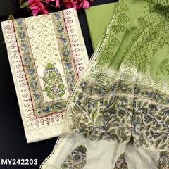 CODE MY242203 : Half white cotton unstitched salwar material, block print, faux mirror& thread work on yoke, shiffli work on front(lining needed)block printed on back, Pastel green cotton bottom, block printed pure chiffon dupatta with lace tapings.